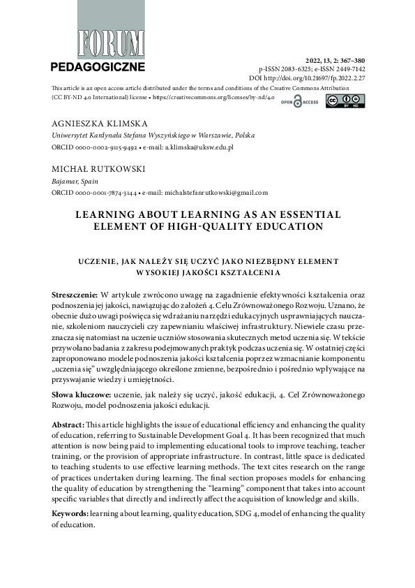 (PDF) Learning about learning as an essential element of high-quality ...