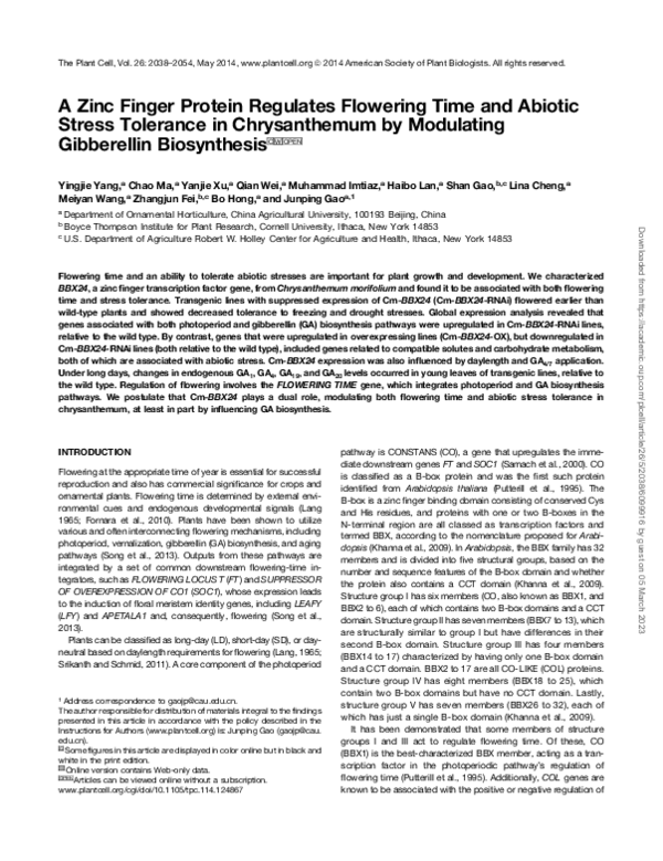(PDF) A Zinc Finger Protein Regulates Flowering Time and Abiotic Stress ...