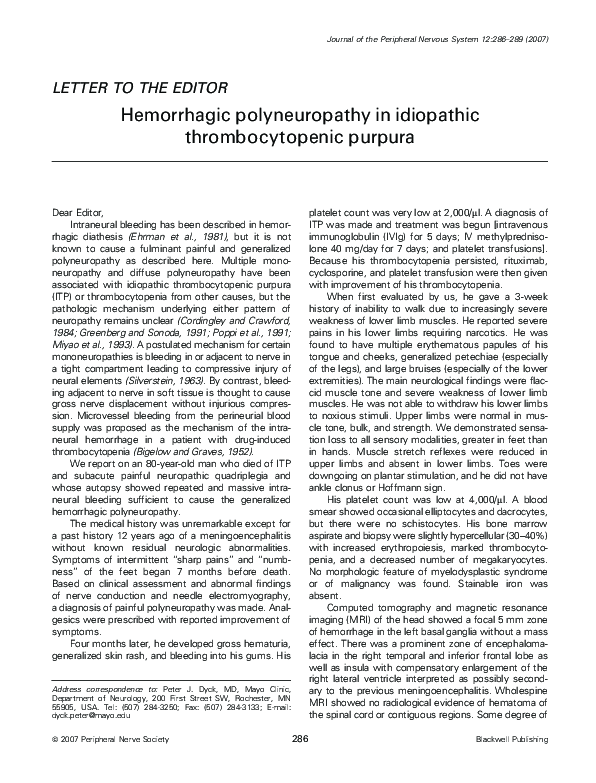 (PDF) Hemorrhagic polyneuropathy in idiopathic thrombocytopenic purpura