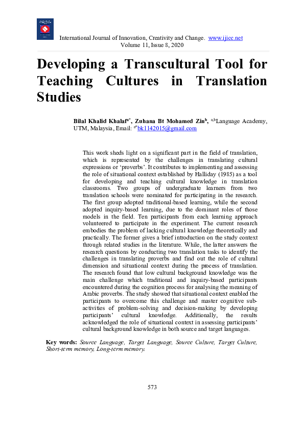 (PDF) Developing a Transcultural Tool for Teaching Cultures in ...