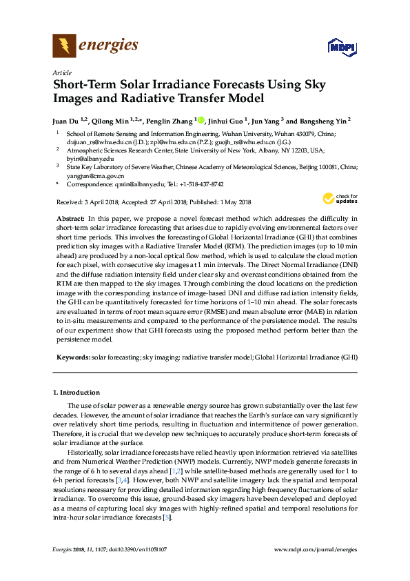 (PDF) Short-Term Solar Irradiance Forecasts Using Sky Images and ...