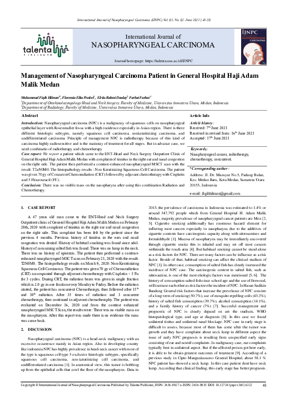(PDF) Management of Nasopharyngeal Carcinoma Patient in General ...