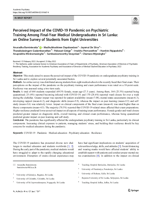(PDF) Perceived Impact of the COVID-19 Pandemic on Psychiatric Training ...
