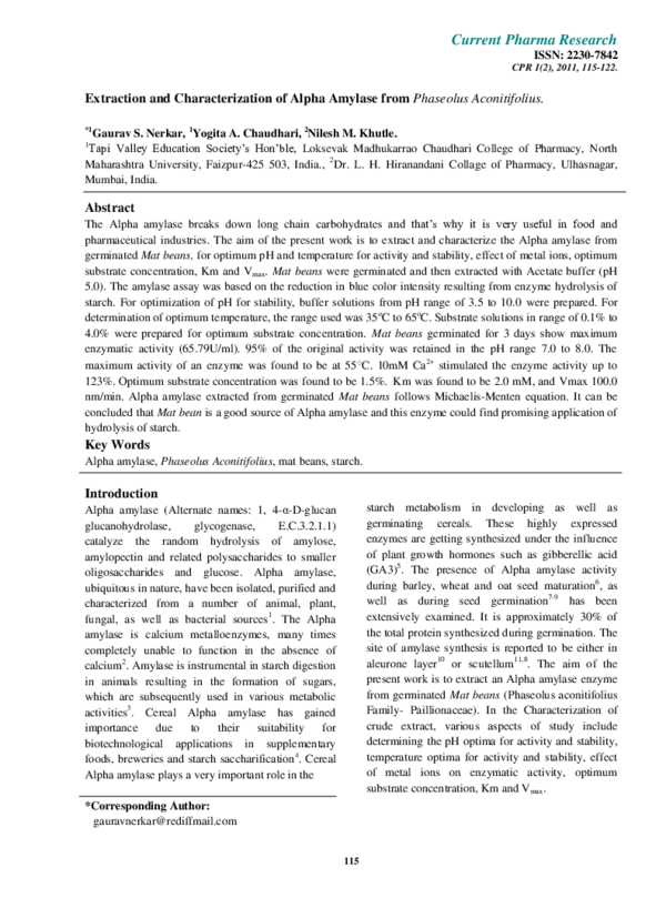 (PDF) Extraction and Characterization of Alpha Amylase from Phaseolus ...
