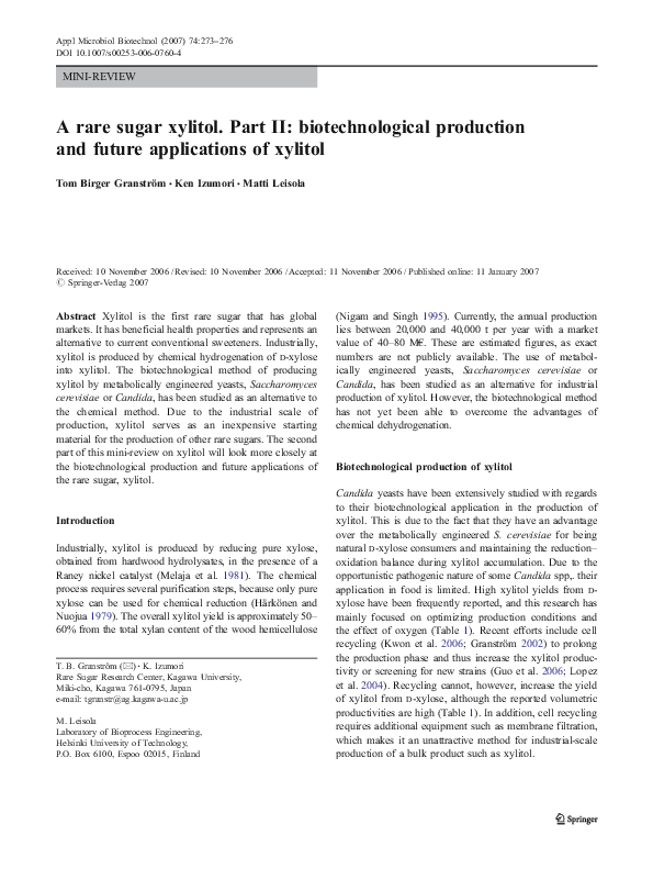 (PDF) A rare sugar xylitol. Part II biotechnological production and