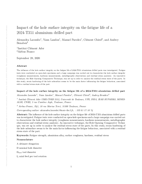 (PDF) Impact of the hole surface integrity on the fatigue life of a ...