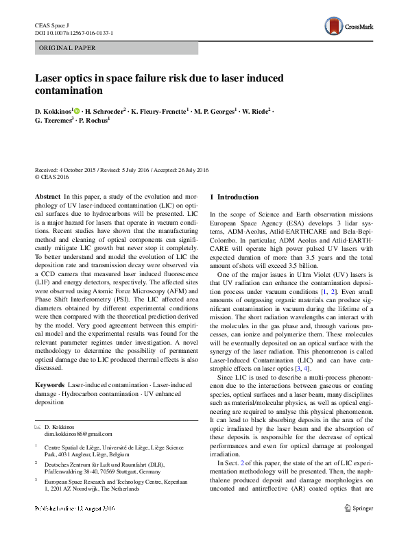 (PDF) Laser optics in space failure risk due to laser induced contamination