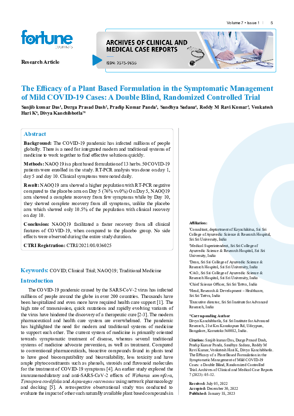 (PDF) The Efficacy of a Plant Based Formulation in the Symptomatic ...