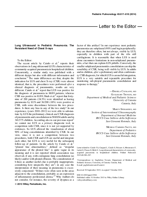 (PDF) Lung ultrasound in pediatric pneumonia. The persistent need of ...