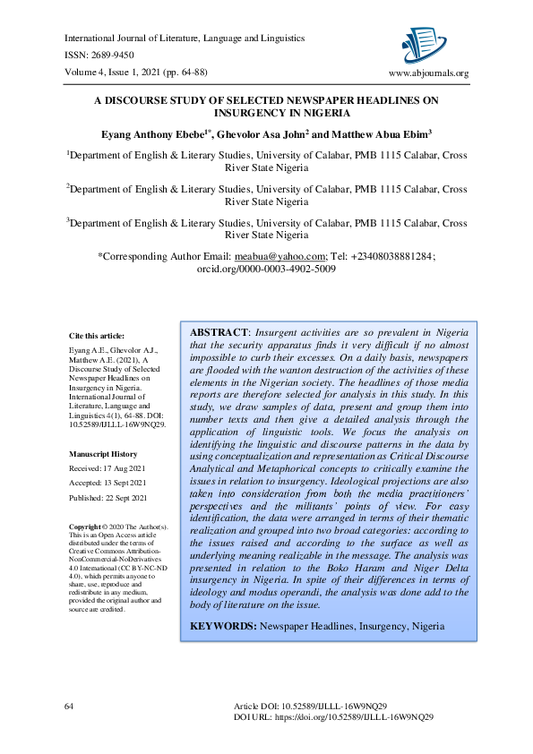 (PDF) A Discourse Study of Selected Newspaper Headlines on Insurgency ...