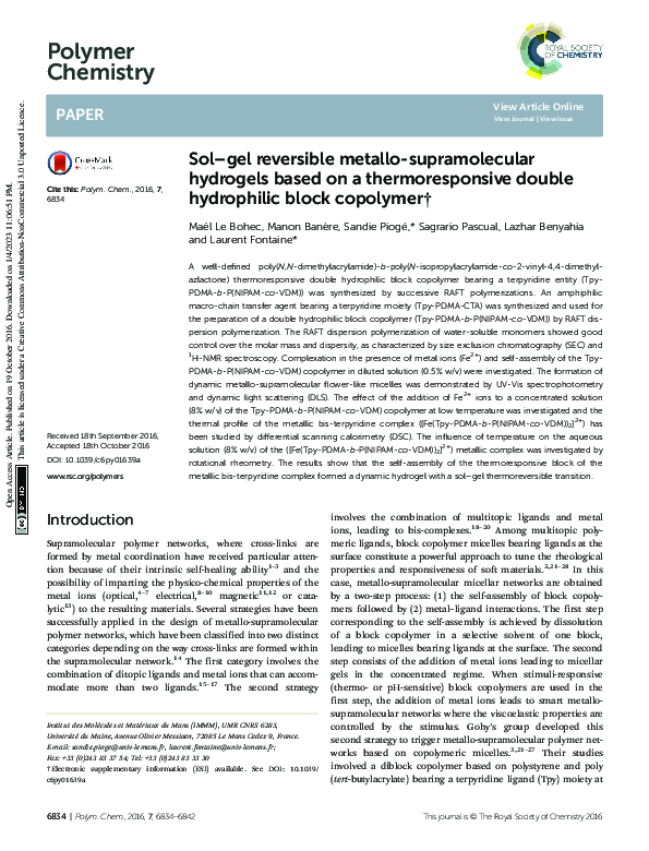 (PDF) Sol–gel reversible metallo-supramolecular hydrogels based on a ...
