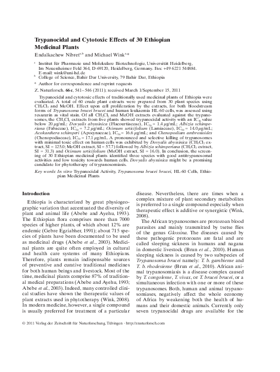 (PDF) Trypanocidal and Cytotoxic Effects of 30 Ethiopian Medicinal Plants