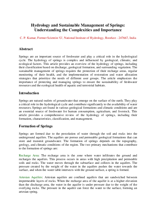 (PDF) Hydrology and Sustainable Management of Springs: Understanding ...