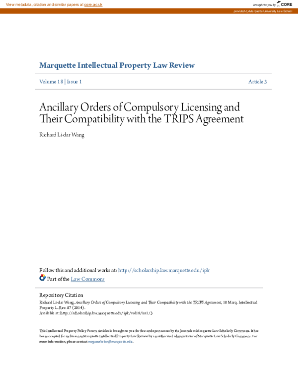 (PDF) Ancillary Orders of Compulsory Licensing and Their Compatibility ...