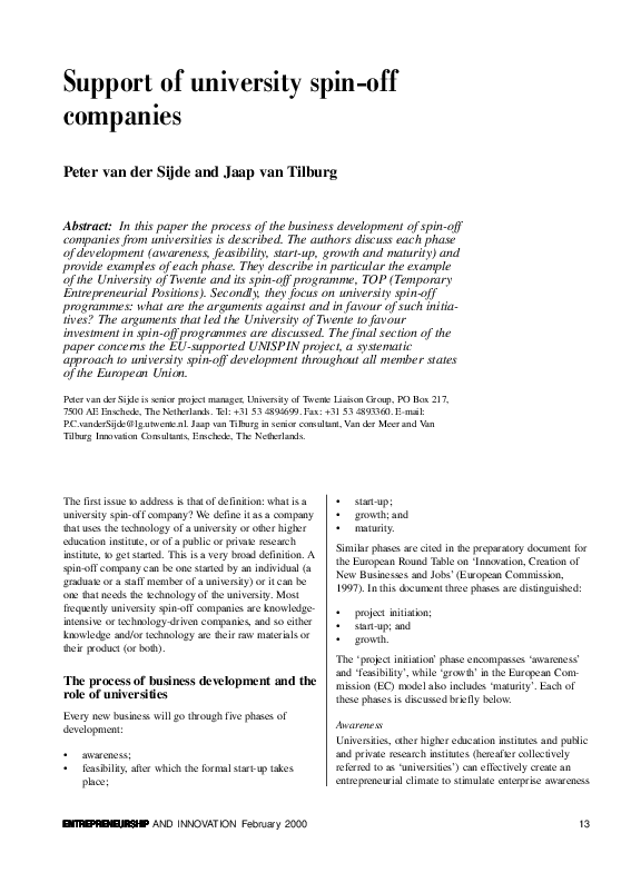 (PDF) Support of university spin-off companies
