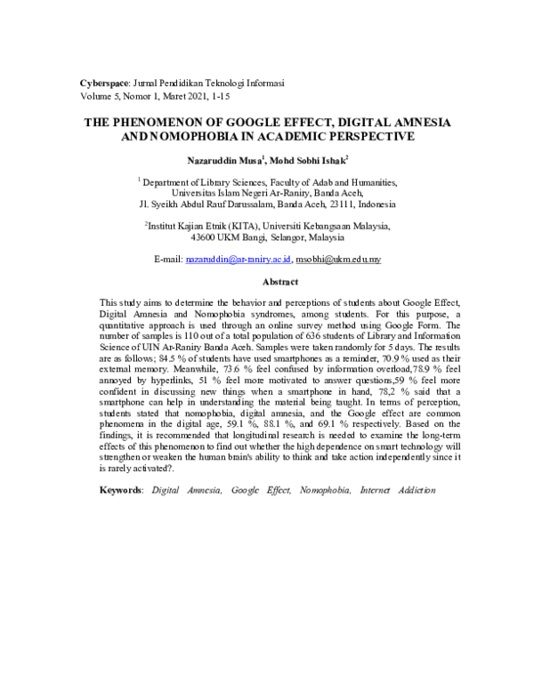 (PDF) The Phenomenon of Google Effect, Digital Amnesia and Nomophobia ...