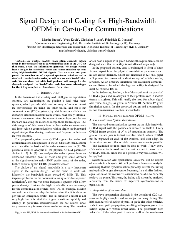 (PDF) Signal Design and Coding for High-Bandwidth OFDM in Car-to-Car ...