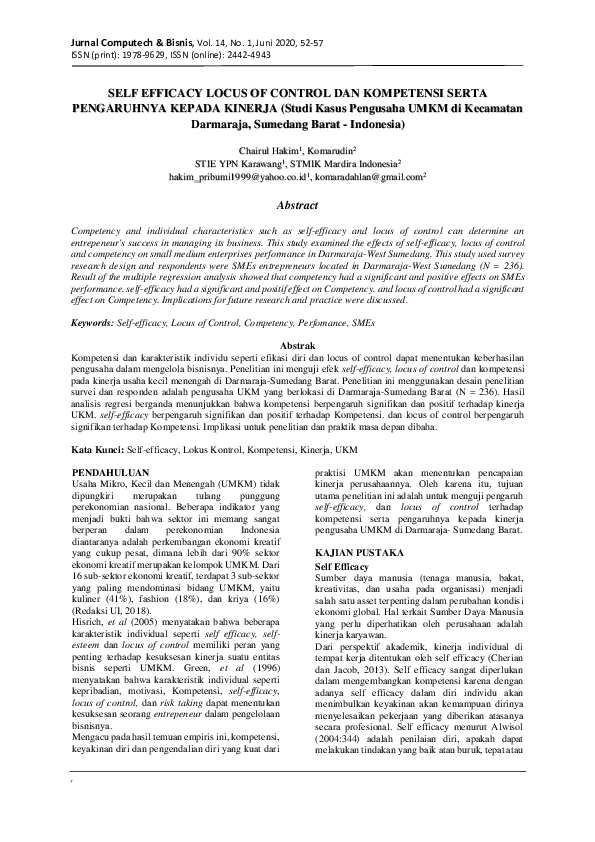 (PDF) SELF EFFICACY LOCUS OF CONTROL DAN KOMPETENSI SERTA PENGARUHNYA ...