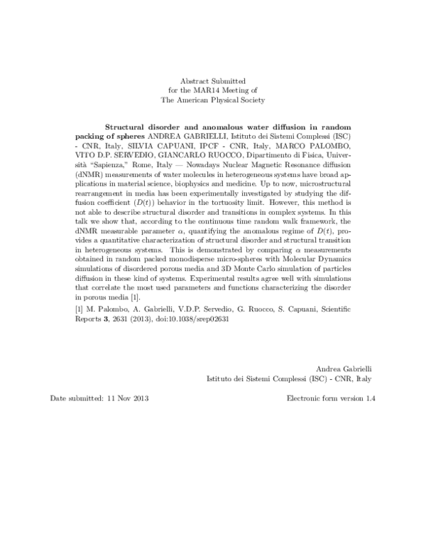 (PDF) Structural disorder and anomalous water diffusion in random ...