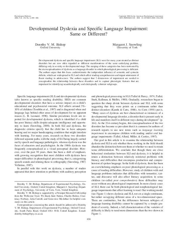 (PDF) Developmental Dyslexia and Specific Language Impairment: Same or ...
