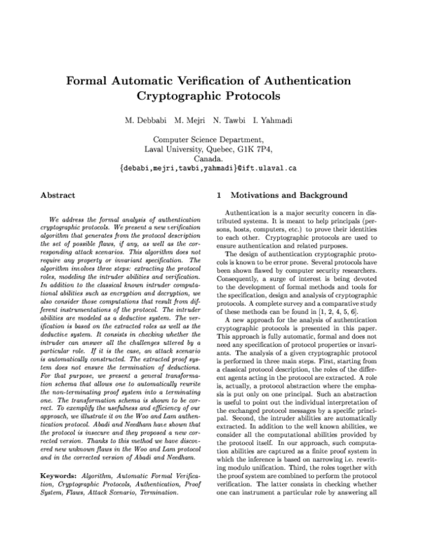 (PDF) Formal automatic verification of authentication cryptographic ...