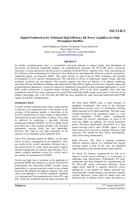 (PDF) Digital Predistortion for Wideband High Efficiency RF Power ...