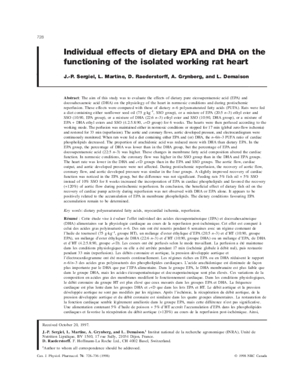 (PDF) Individual effects of dietary EPA and DHA on the functioning of ...