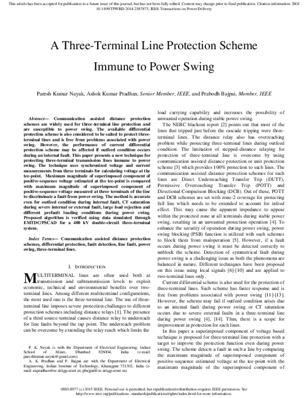 (PDF) A Three-Terminal Line ProtectionScheme Immune to Power Swing