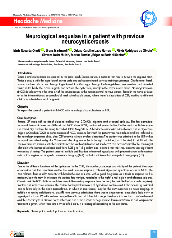 (PDF) Neurological sequelae in a patient with previous neurocysticercosis