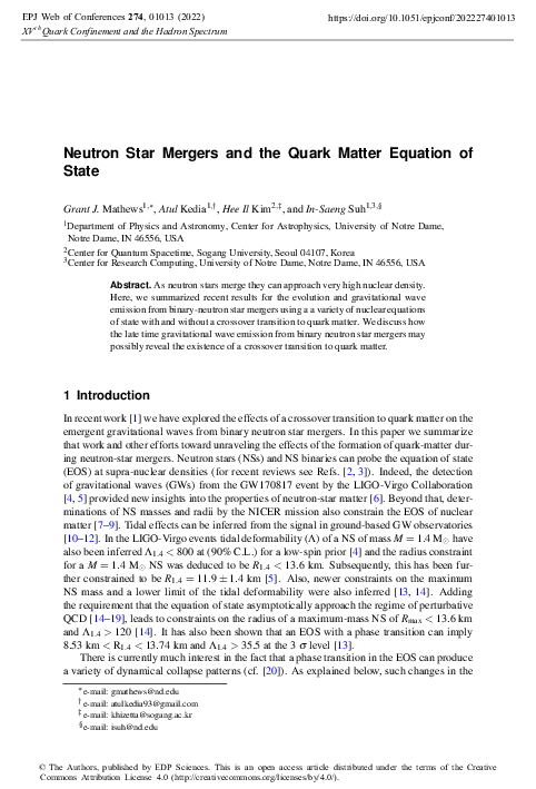 (PDF) Neutron Star Mergers and the Quark Matter Equation of State