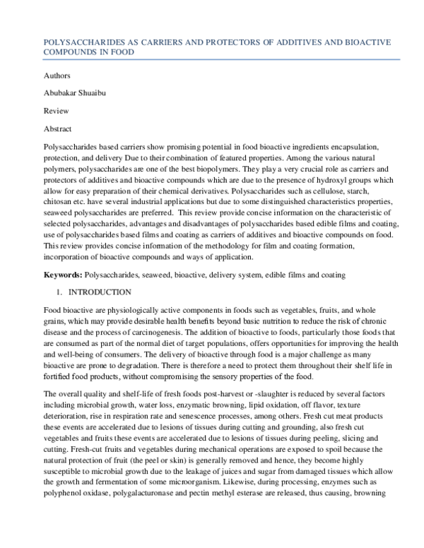 (PDF) POLYSACCHARIDES AS CARRIERS AND PROTECTORS OF ADDITIVES AND ...