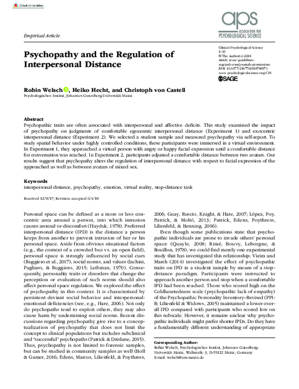 (PDF) Psychopathy and the Regulation of Interpersonal Distance