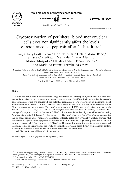 (PDF) Cryopreservation of peripheral blood mononuclear cells does not ...