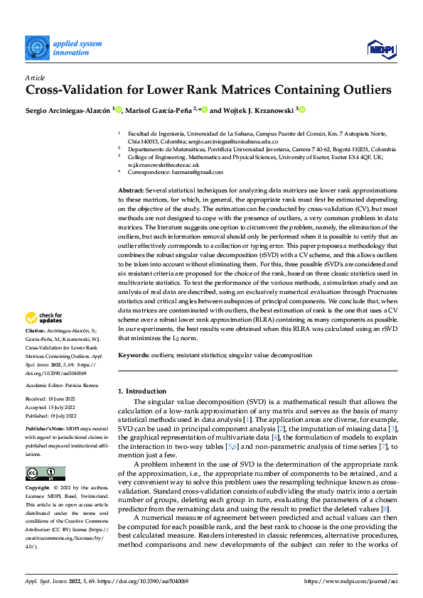 (PDF) Cross-Validation for Lower Rank Matrices Containing Outliers