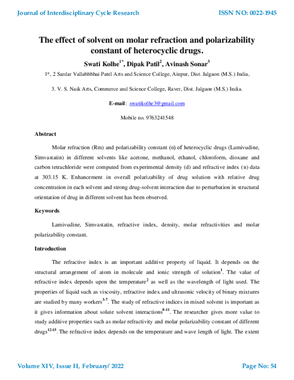 (PDF) The effect of solvent on molar refraction and polarizability ...