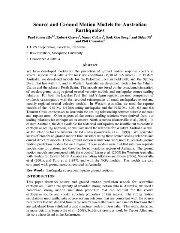 (PDF) Source and ground motion models of Australian earthquakes