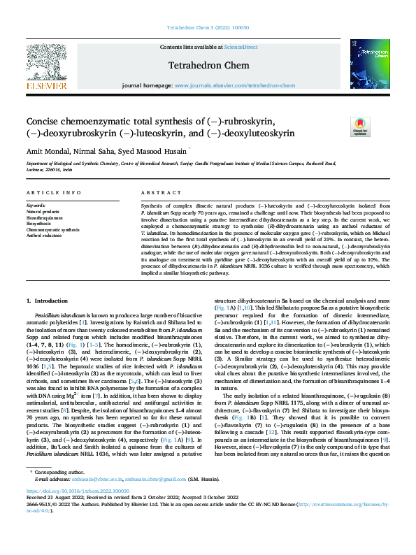 (PDF) Concise chemoenzymatic total synthesis of (−)-rubroskyrin, (− ...