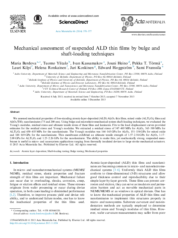 (PDF) Mechanical assessment of suspended ALD thin films by bulge and ...