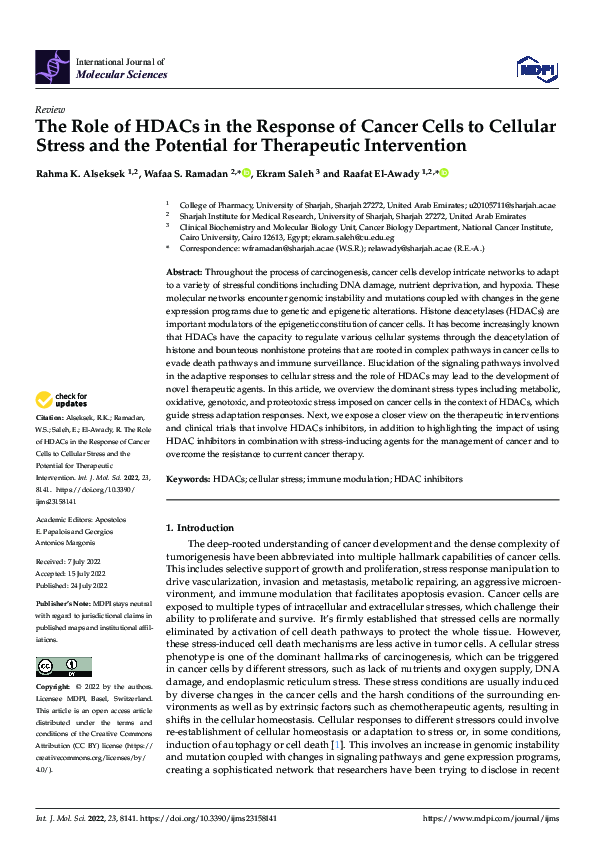(PDF) The Role of HDACs in the Response of Cancer Cells to Cellular ...
