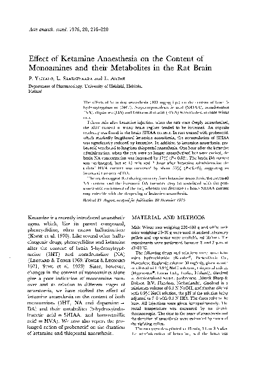 (PDF) Effect of Ketamine Anaesthesia on the Content of Monoamines and ...