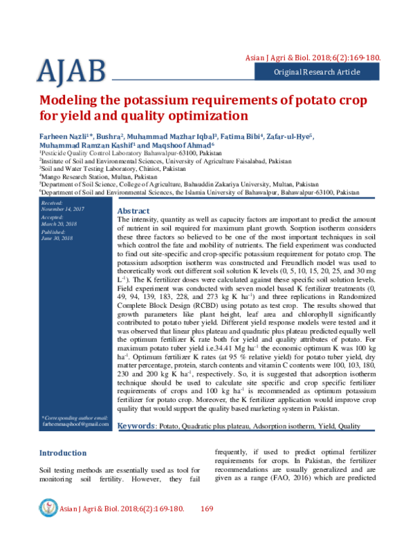 (PDF) Modeling the potassium requirements of potato crop for yield and ...