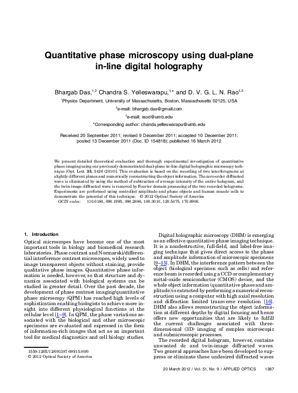 (PDF) Quantitative phase microscopy using dual-plane in-line digital ...