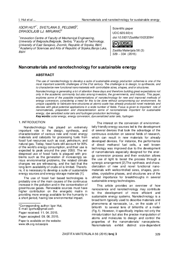 (PDF) Nanomaterials and nanotechnology for sustainable energy