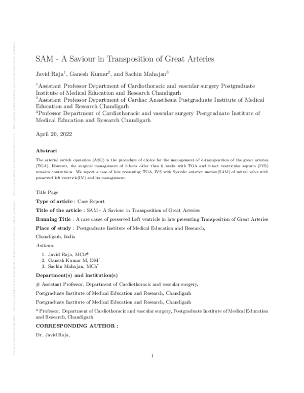 (PDF) SAM - A Saviour in Transposition of Great Arteries