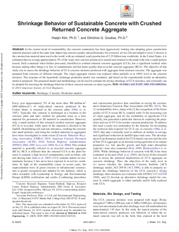 (PDF) Shrinkage Behavior of Sustainable Concrete with Crushed Returned