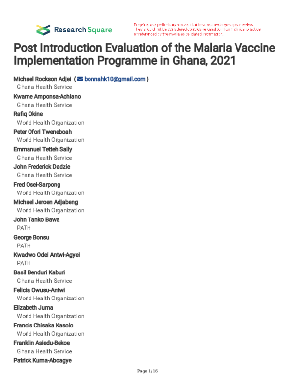 (PDF) Post Introduction Evaluation of the Malaria Vaccine ...