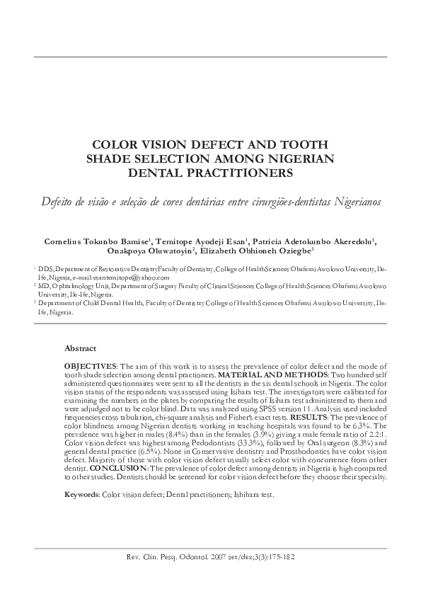 (PDF) Color Vision Defect and Tooth Shade Selection Among Nigerian ...