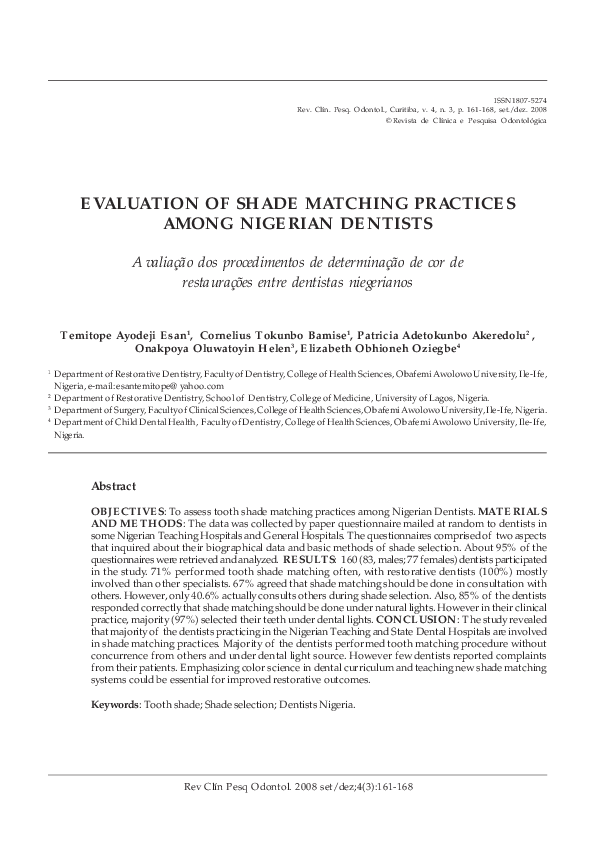 (PDF) EVALUATION OF SHADE MATCHING PRACTICES AMONG NIGERIAN DENTISTS ...