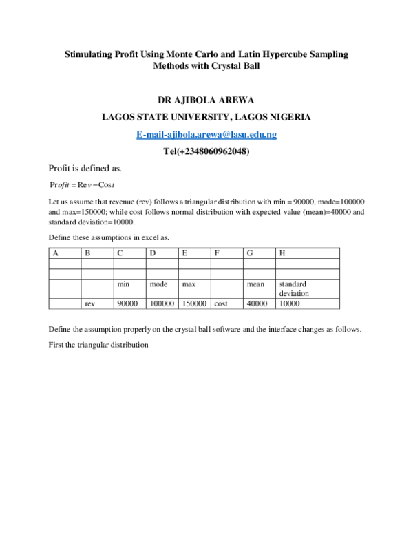 (PDF) Stimulating Profit Using Monte Carlo and Latin Hypercube Sampling ...