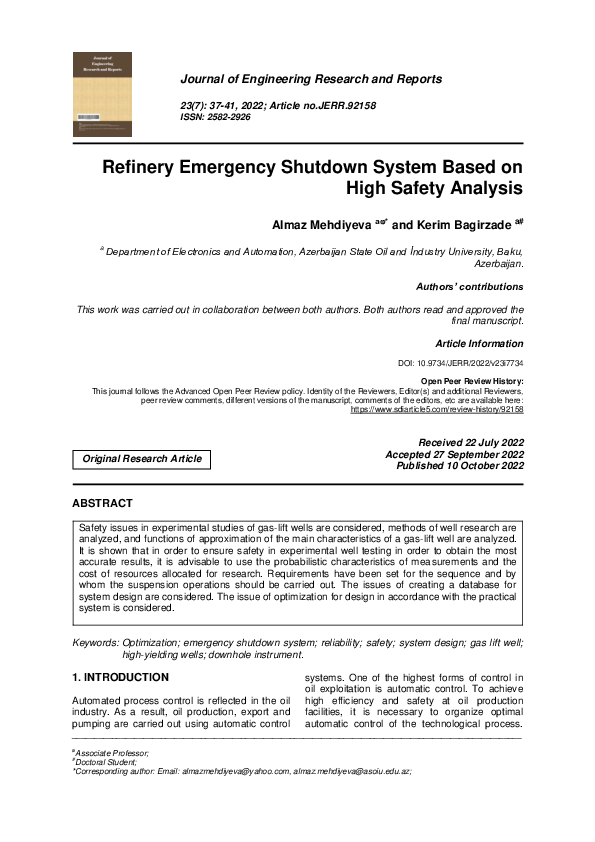 (PDF) Refinery Emergency Shutdown System Based on High Safety Analysis